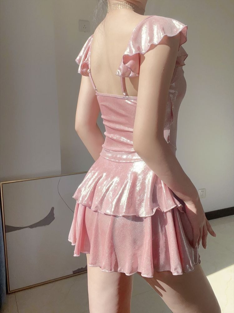 Womens Suit - Flattering Shiny Pink Swimwear Women Ruched