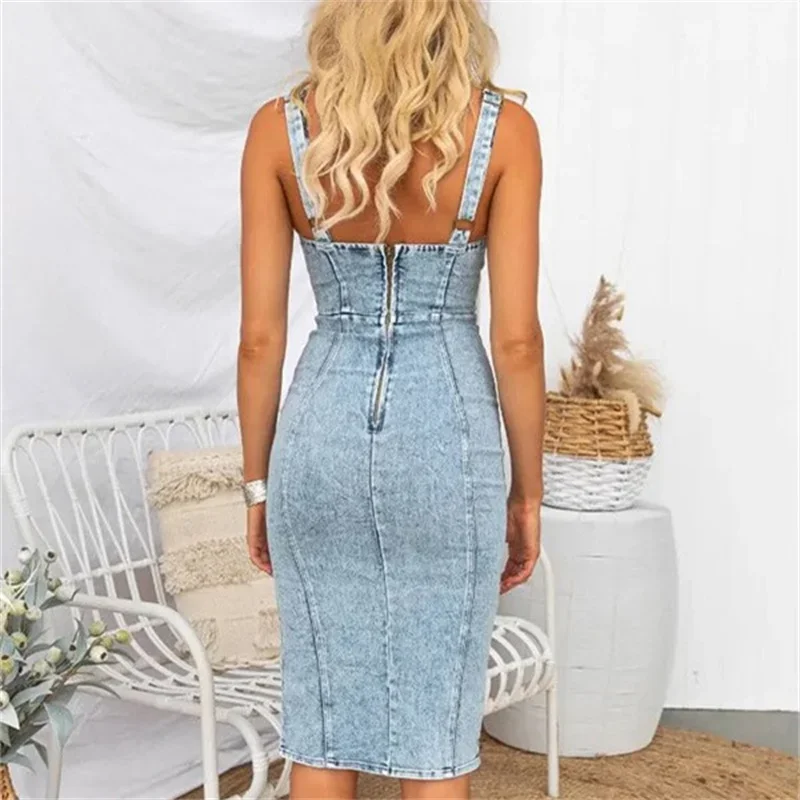 Vintage Slim Fit Denim Wrap Hi - Midi Dress 评论和价格