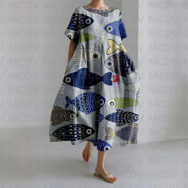 Japanese Vintage Fish Art Prin - Midi Dress 评论和价格